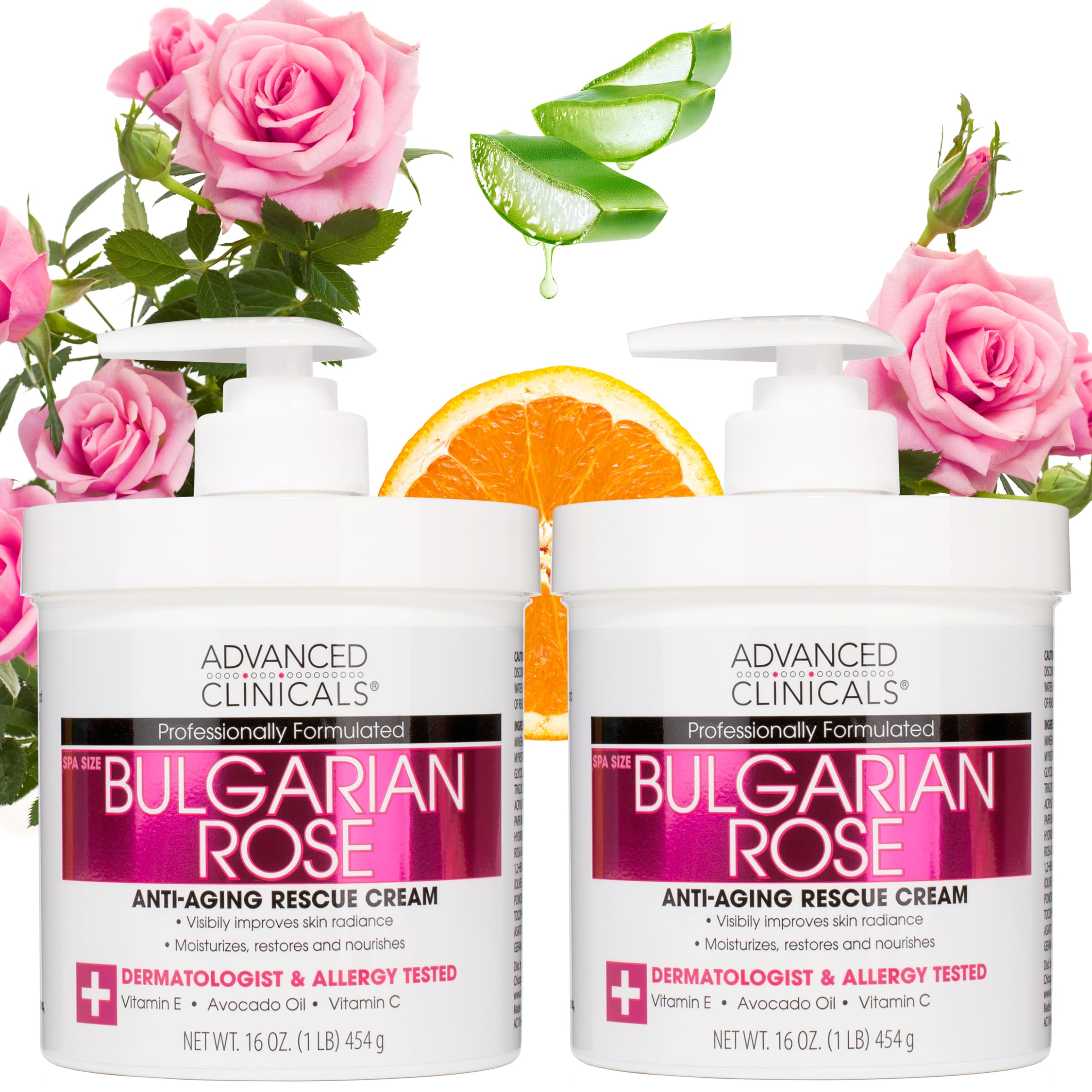 Advanced Clinicals Bulgarian Rose Lotion – Rose Scented Vitamin C Body Moisturizer (16 oz, 2-Pack)