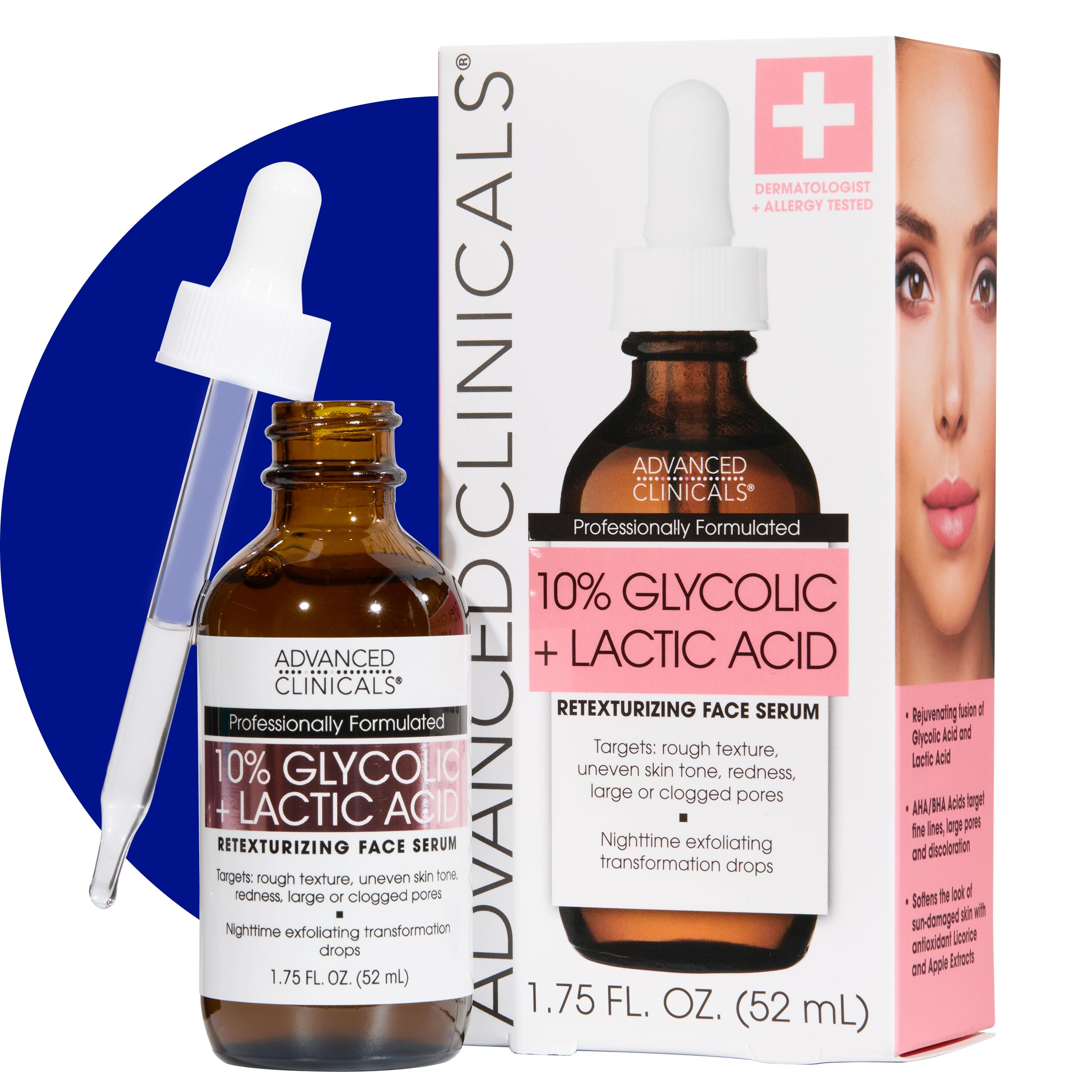 Advanced Clinicals 10% Glycolic + Lactic Acid Serum for Face — AHA + Salicylic Exfoliant, 1.75 oz