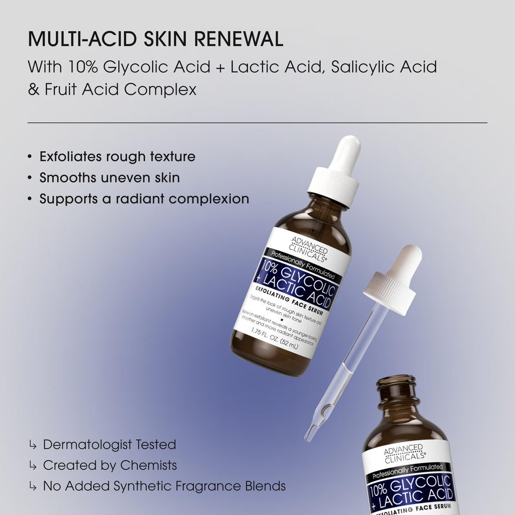 Advanced Clinicals 10% Glycolic + Lactic Acid Serum for Face — AHA + Salicylic Exfoliant, 1.75 oz