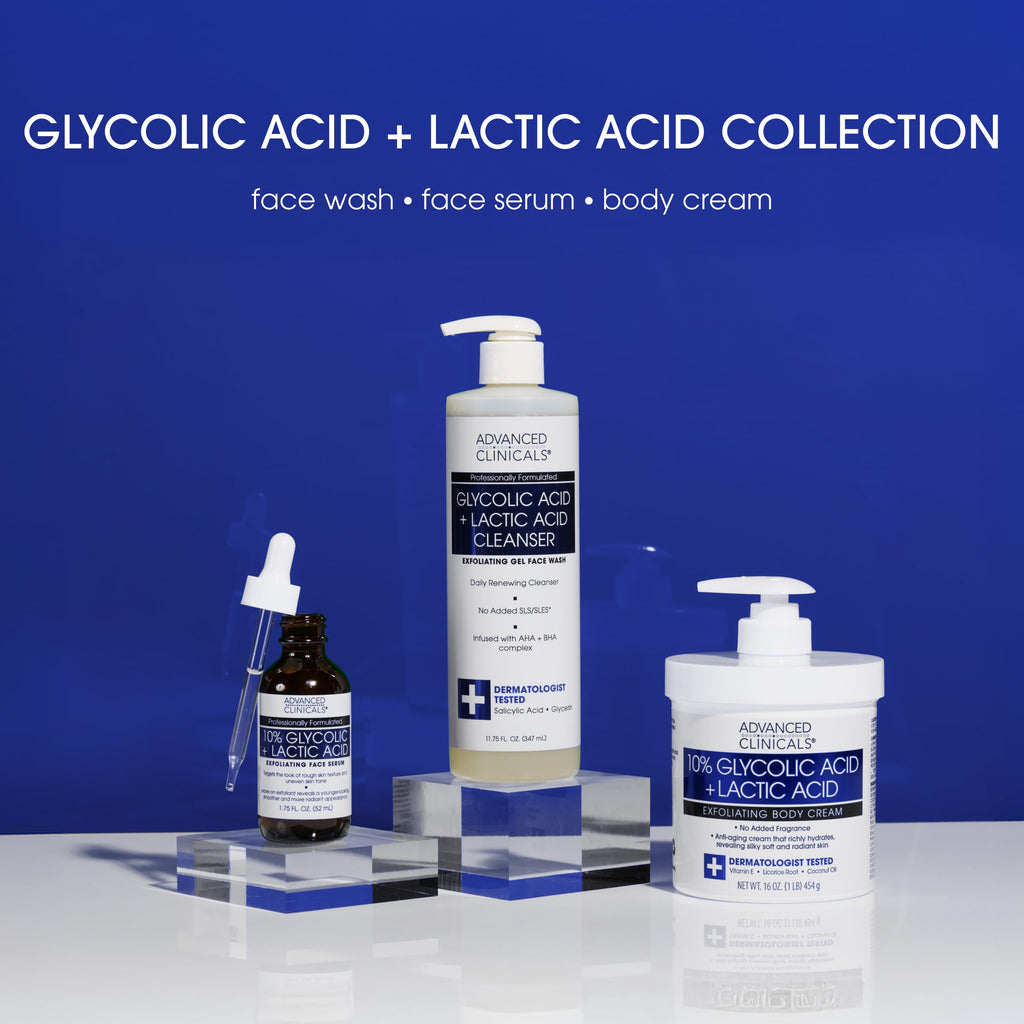 Advanced Clinicals 10% Glycolic + Lactic Acid Serum for Face — AHA + Salicylic Exfoliant, 1.75 oz