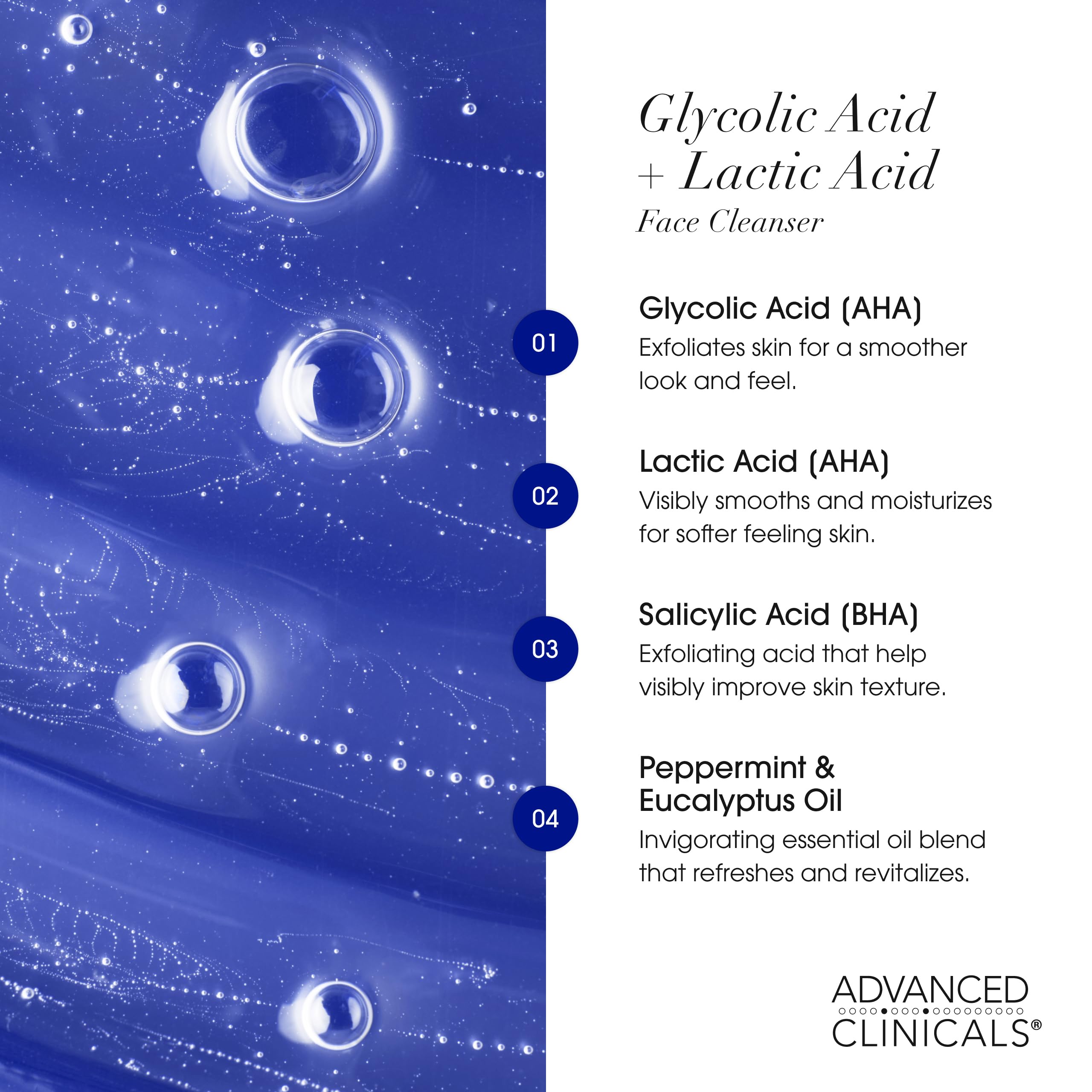 Advanced Clinicals Glycolic & Lactic Acid Exfoliating Face Wash – Gentle Daily Cleanser for Smooth, Radiant Skin | 11.75 fl oz