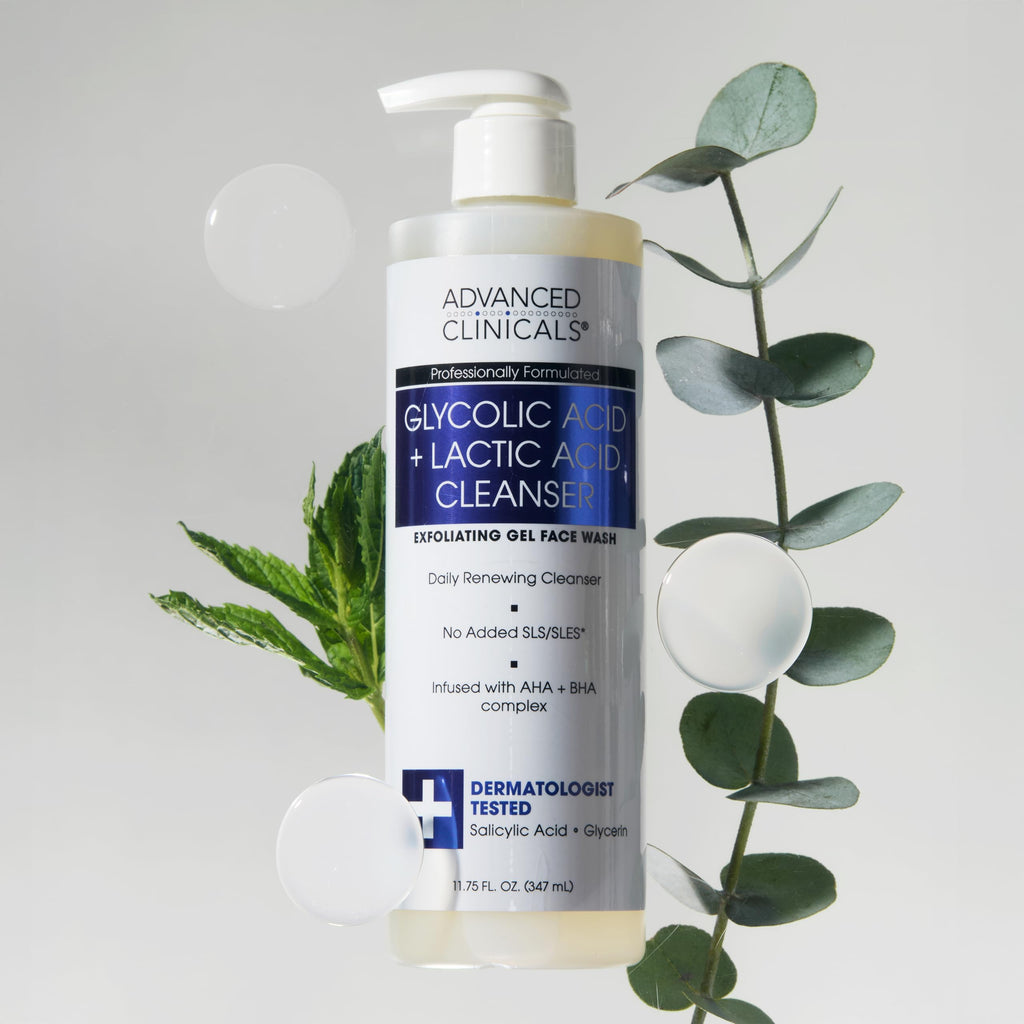 Advanced Clinicals Glycolic & Lactic Acid Exfoliating Face Wash – Gentle Daily Cleanser for Smooth, Radiant Skin | 11.75 fl oz