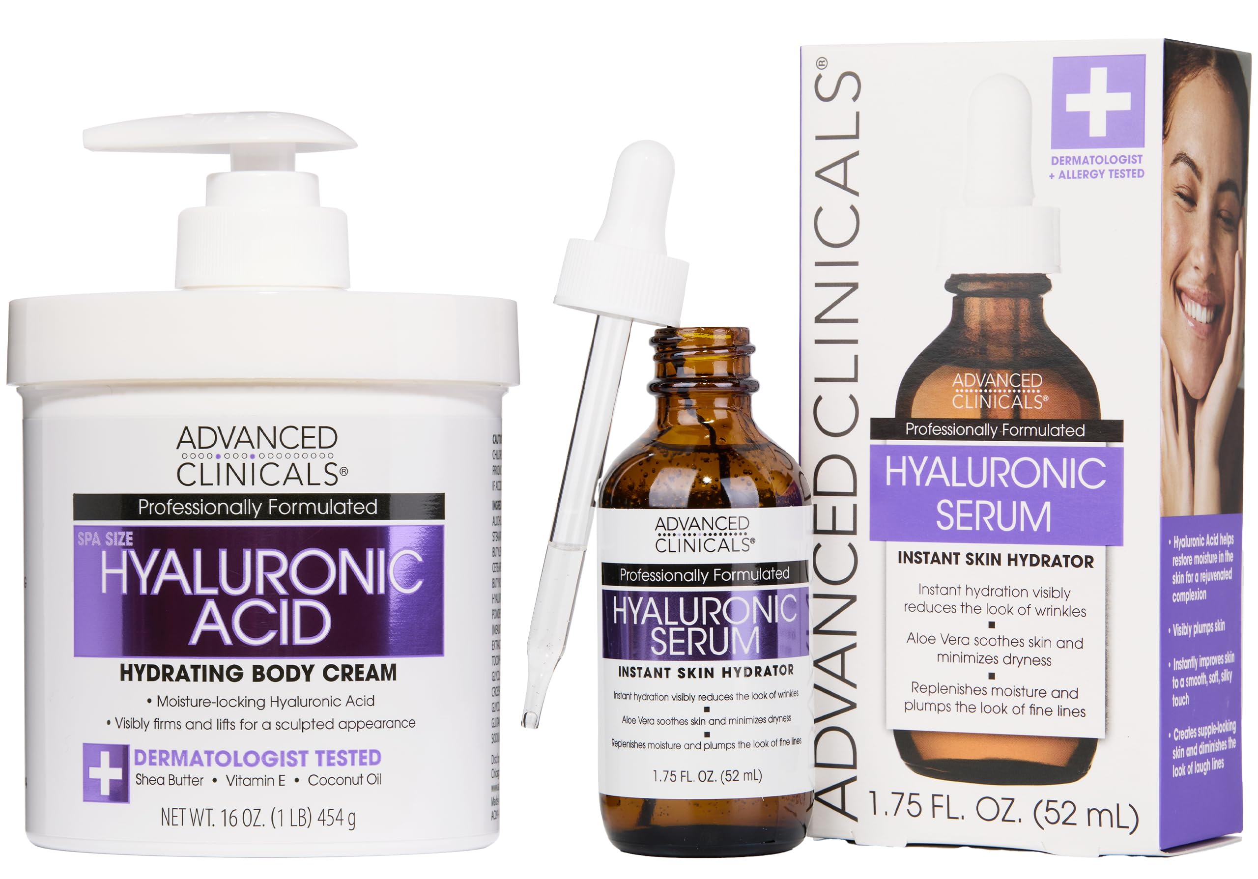 Advanced Clinicals Hyaluronic Acid Moisturizer Set – Serum + Body Cream for Hydration, Plump Skin | 2PC Bundle