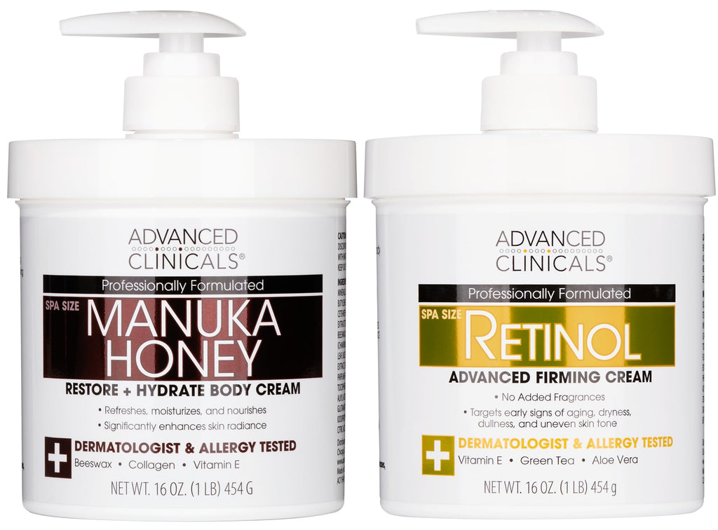 Advanced Clinicals Unscented Retinol Body Cream & Manuka Honey Body Lotion – 2pc Skincare Set