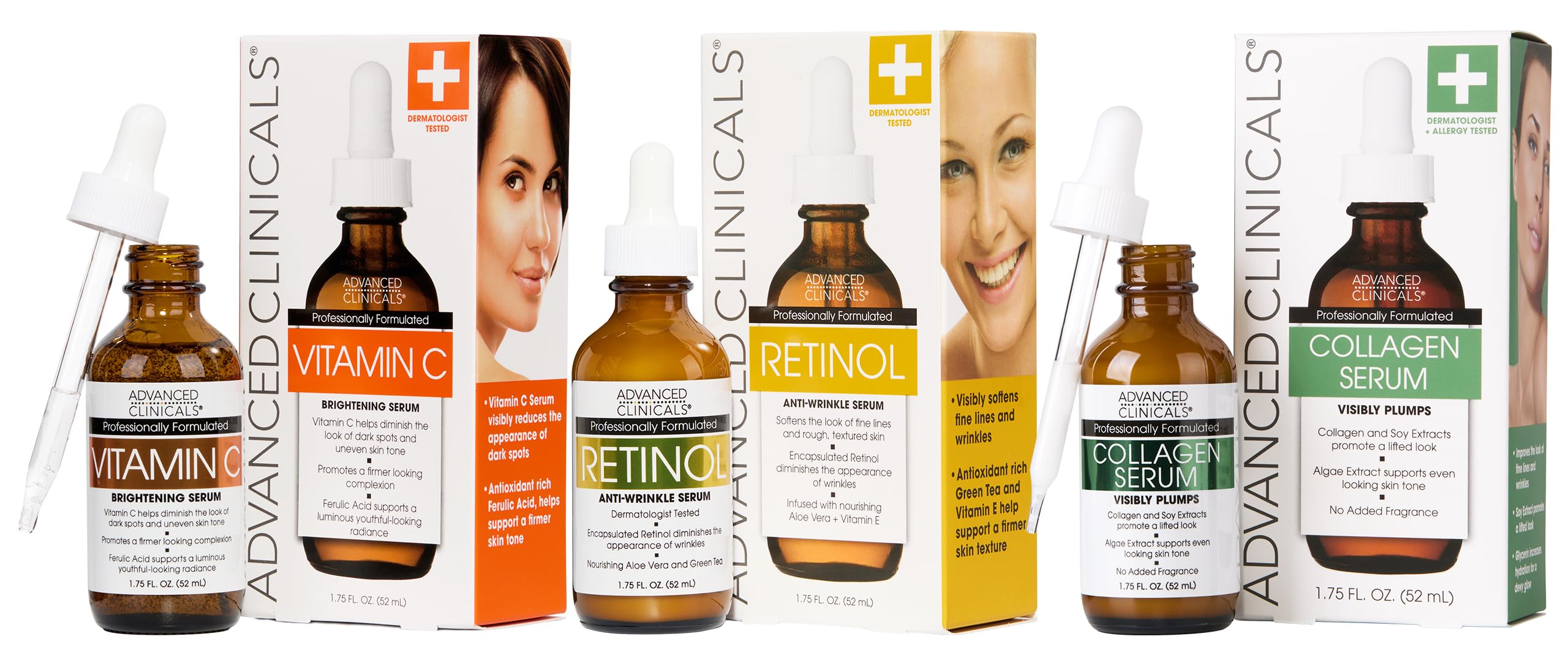 Advanced Clinicals 3pc Retinol, Vitamin C & Collagen Serum Set – 1.75 oz Each