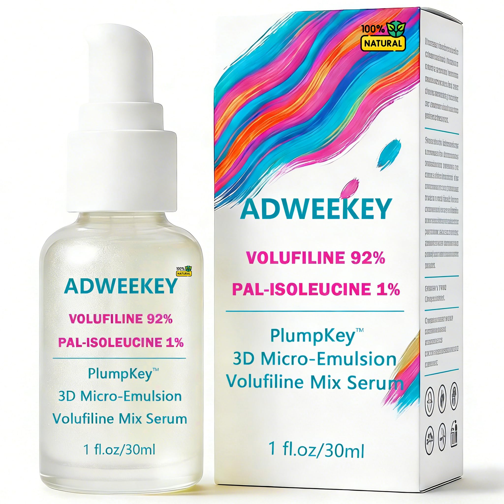 ADWEEKEY Volufiline 92% Serum with Beta-Glucan | PlumpKey 3D Micro-Emulsion, Pal-Isoleucine 1% | 1 oz / 30 mL Airless Pump