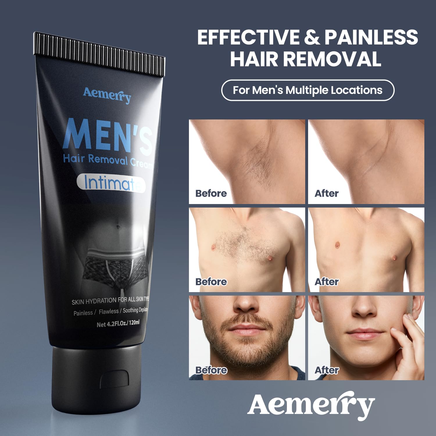 Aemerry Hair Removal Cream for Men — Painless Manscaping, Aloe Vera & Vitamin E | 4.2 oz