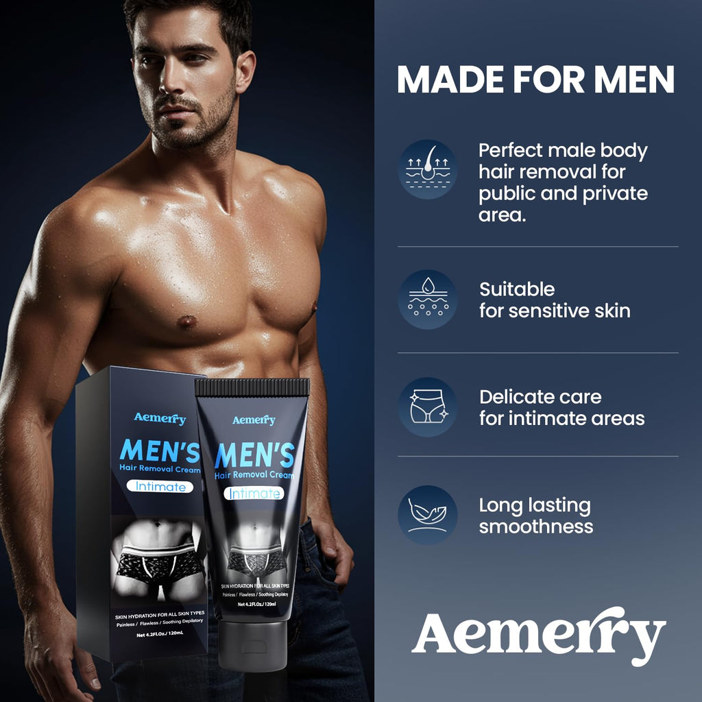 Aemerry Hair Removal Cream for Men — Painless Manscaping, Aloe Vera & Vitamin E | 4.2 oz