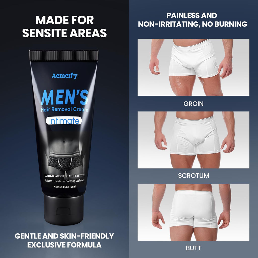 Aemerry Hair Removal Cream for Men — Painless Manscaping, Aloe Vera & Vitamin E | 4.2 oz