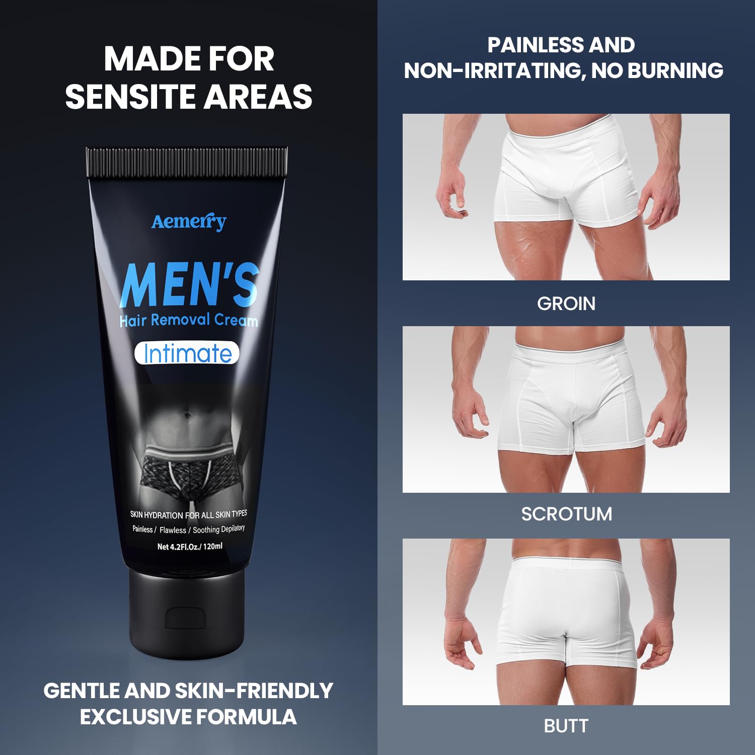 Aemerry Hair Removal Cream for Men — Painless Manscaping, Aloe Vera & Vitamin E | 4.2 oz