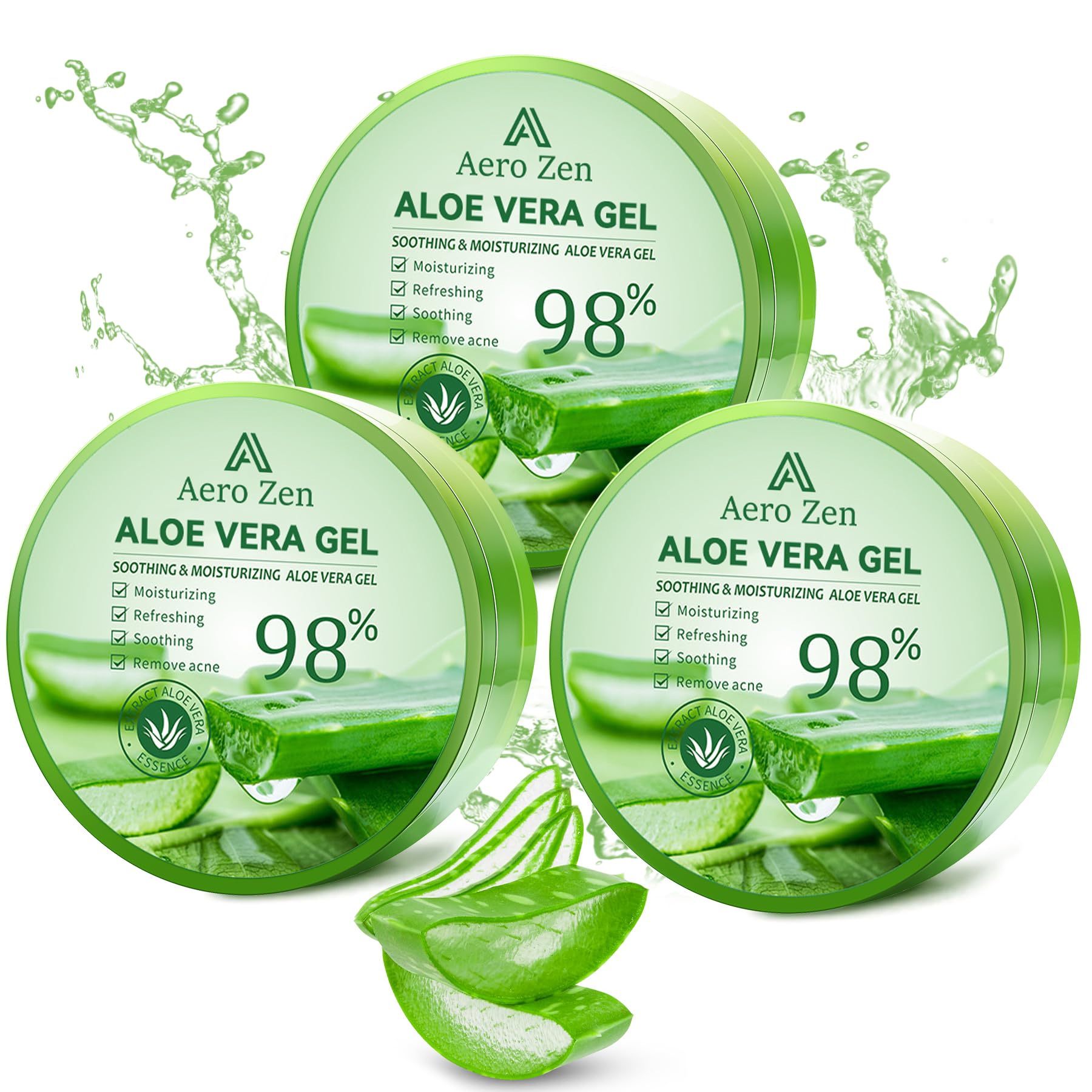 Aero Zen 3-Pack Pure Aloe Vera Gel – 98% Aloe for Face, Body & Hair (30oz)