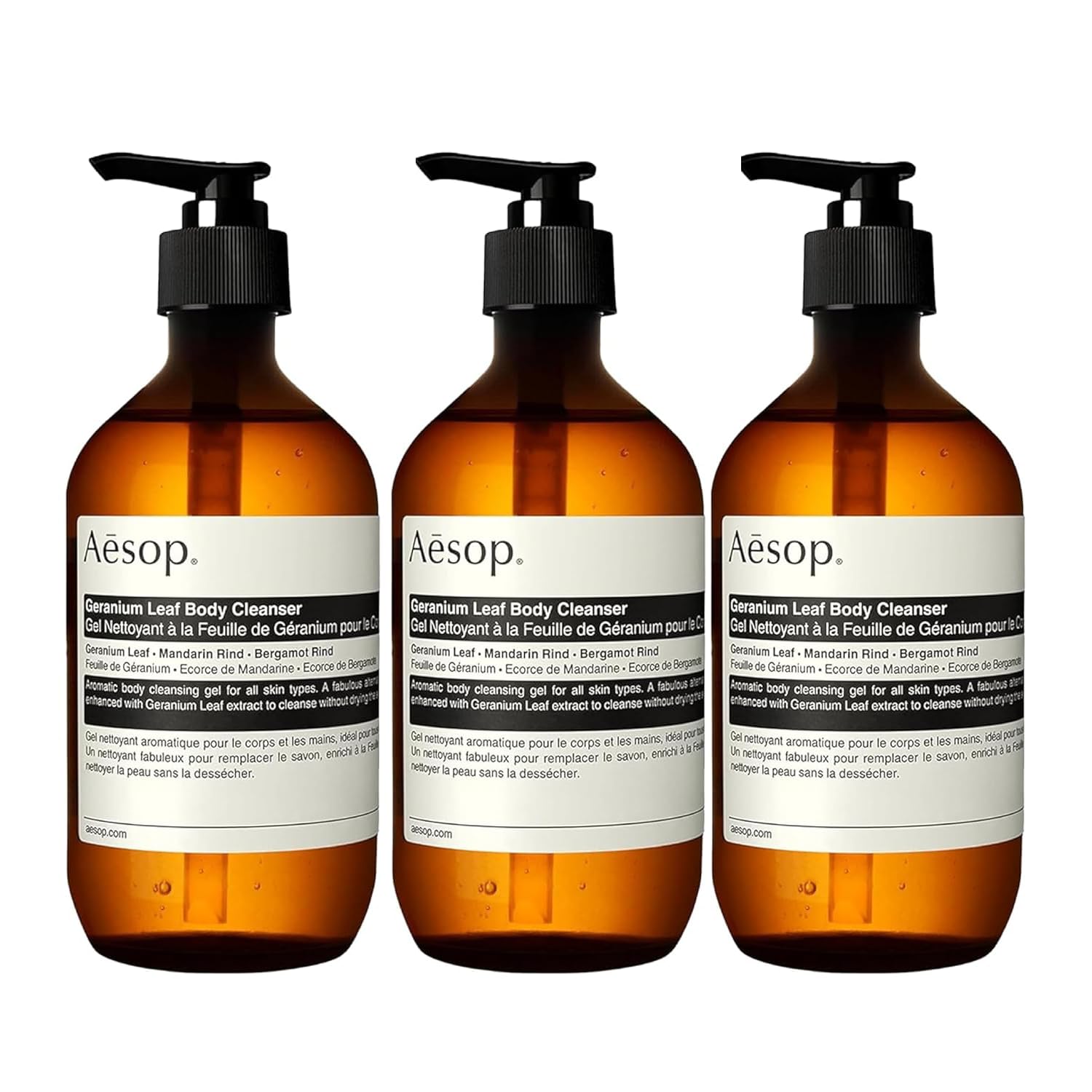 Aesop Geranium Leaf Body Cleanser – Gentle, Non-Drying Gel (16.9 oz / 500 mL, Pack of 3)