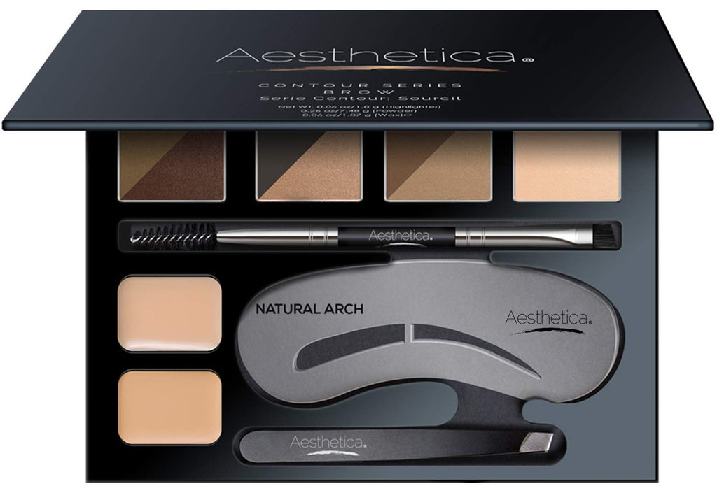 Aesthetica Brow Contour Kit – 16-Piece Eyebrow Palette with Powders, Stencils & Highlighter