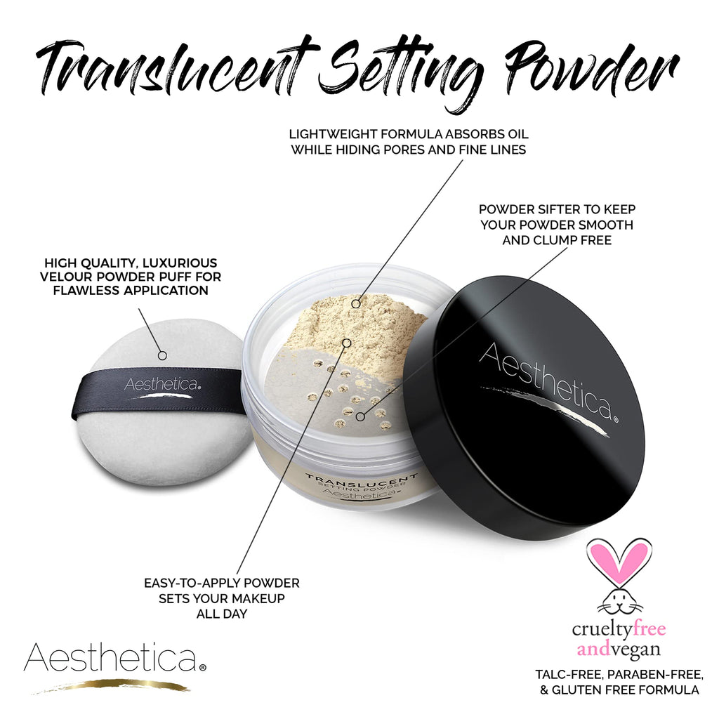 Aesthetica Translucent Setting Powder – Matte Finish Loose Powder with Velour Puff (Vegan, Cruelty-Free)