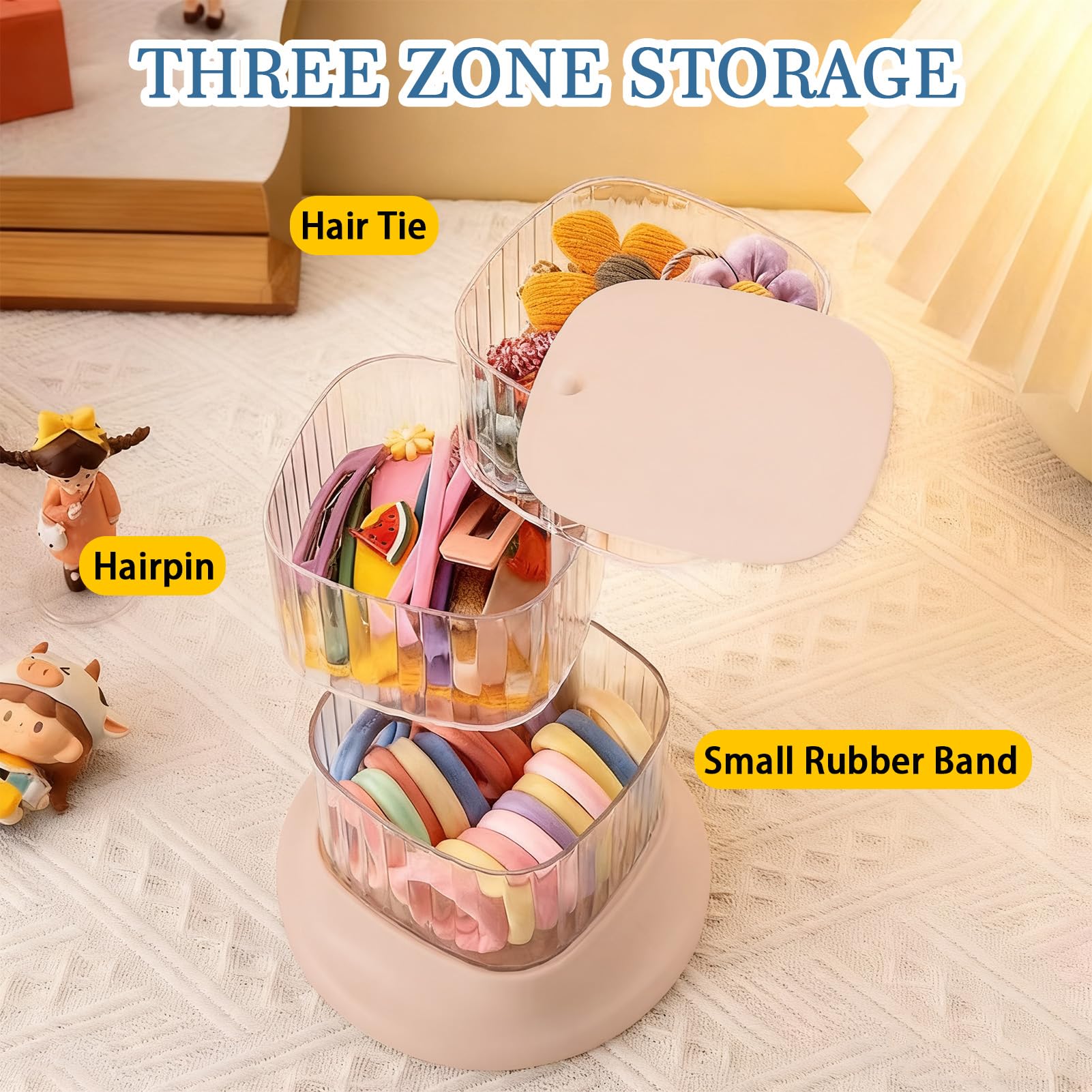 AevumTech Hair Accessory Organizer — 4-Layer Rotating Clear Storage (Pink)