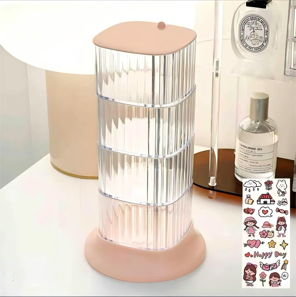 AevumTech Hair Accessory Organizer — 4-Layer Rotating Clear Storage (Pink)