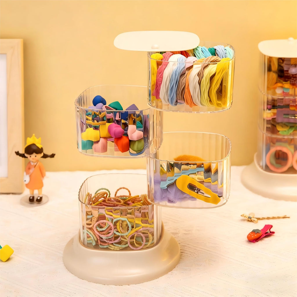 AevumTech Hair Accessory Organizer — 4-Layer Rotating Clear Organizer (White)