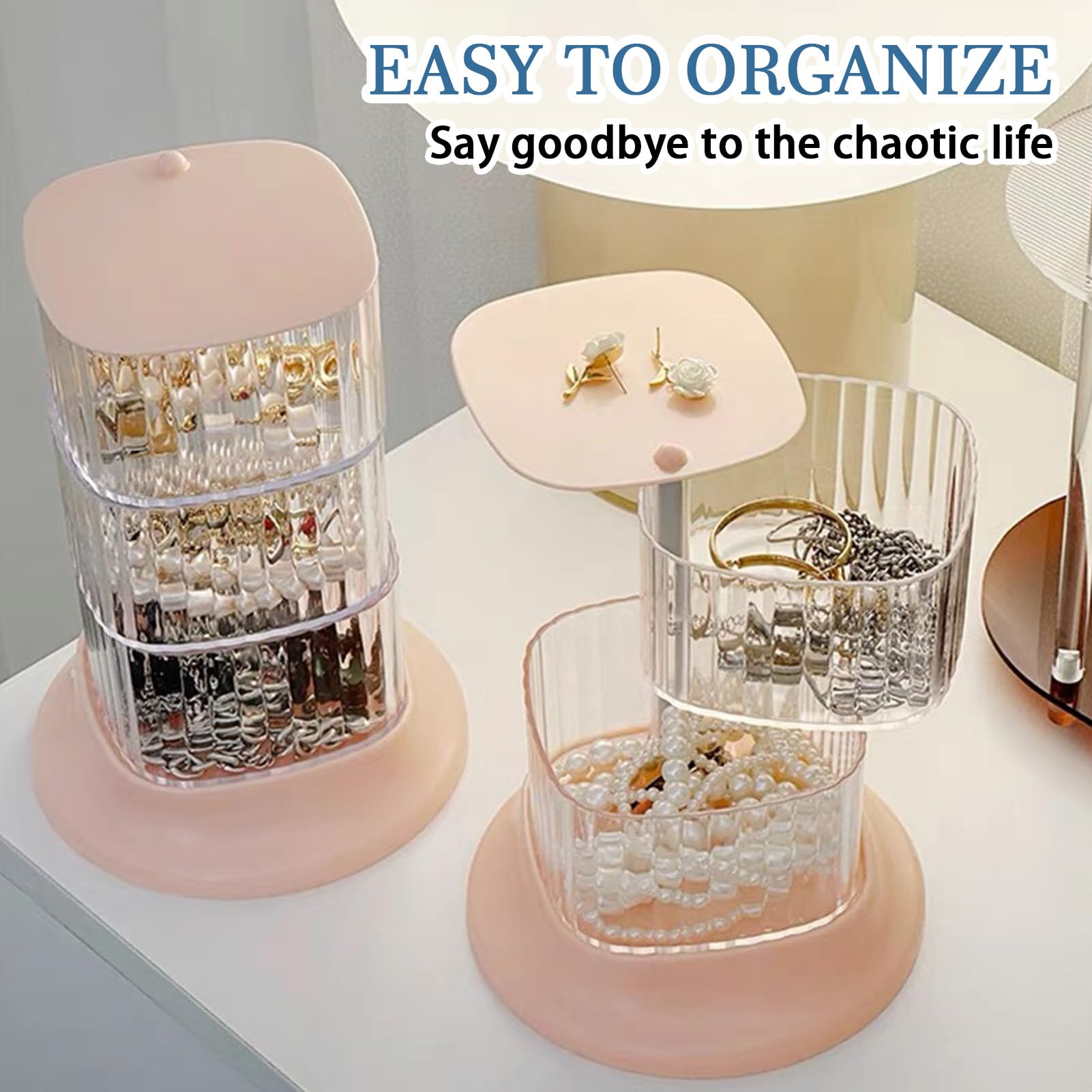 AevumTech Hair Accessory Organizer — 4-Layer Rotating Clear Storage (Pink)