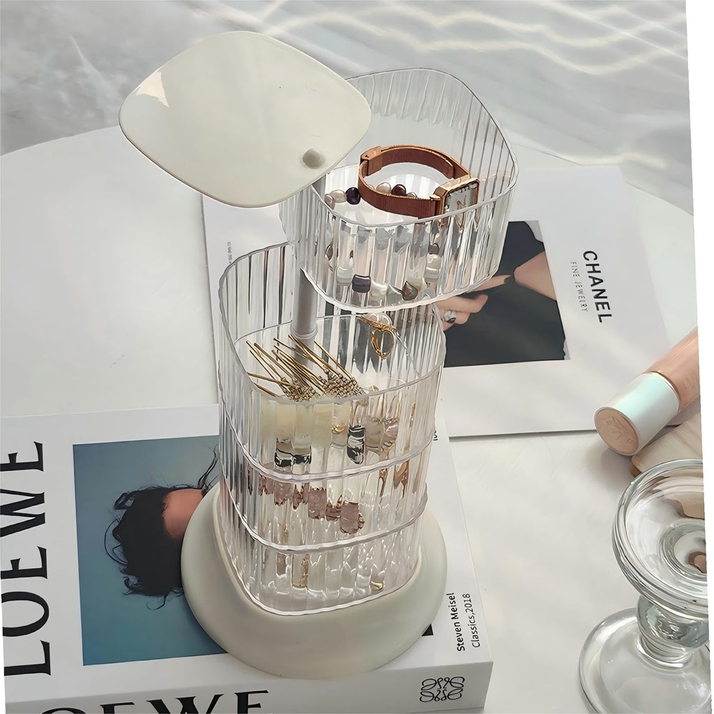 AevumTech Hair Accessory Organizer — 4-Layer Rotating Clear Organizer (White)