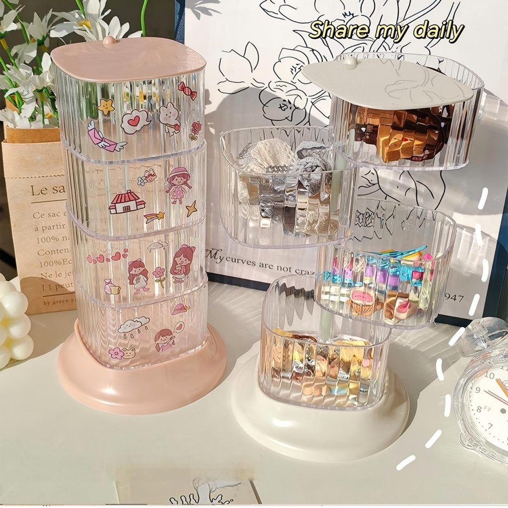 AevumTech Hair Accessory Organizer — 4-Layer Rotating Clear Storage (Pink)