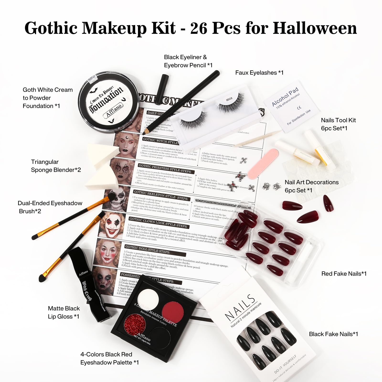 Afflano Goth Makeup Kit – 26-Piece Halloween SFX Set for Creative Gothic Looks