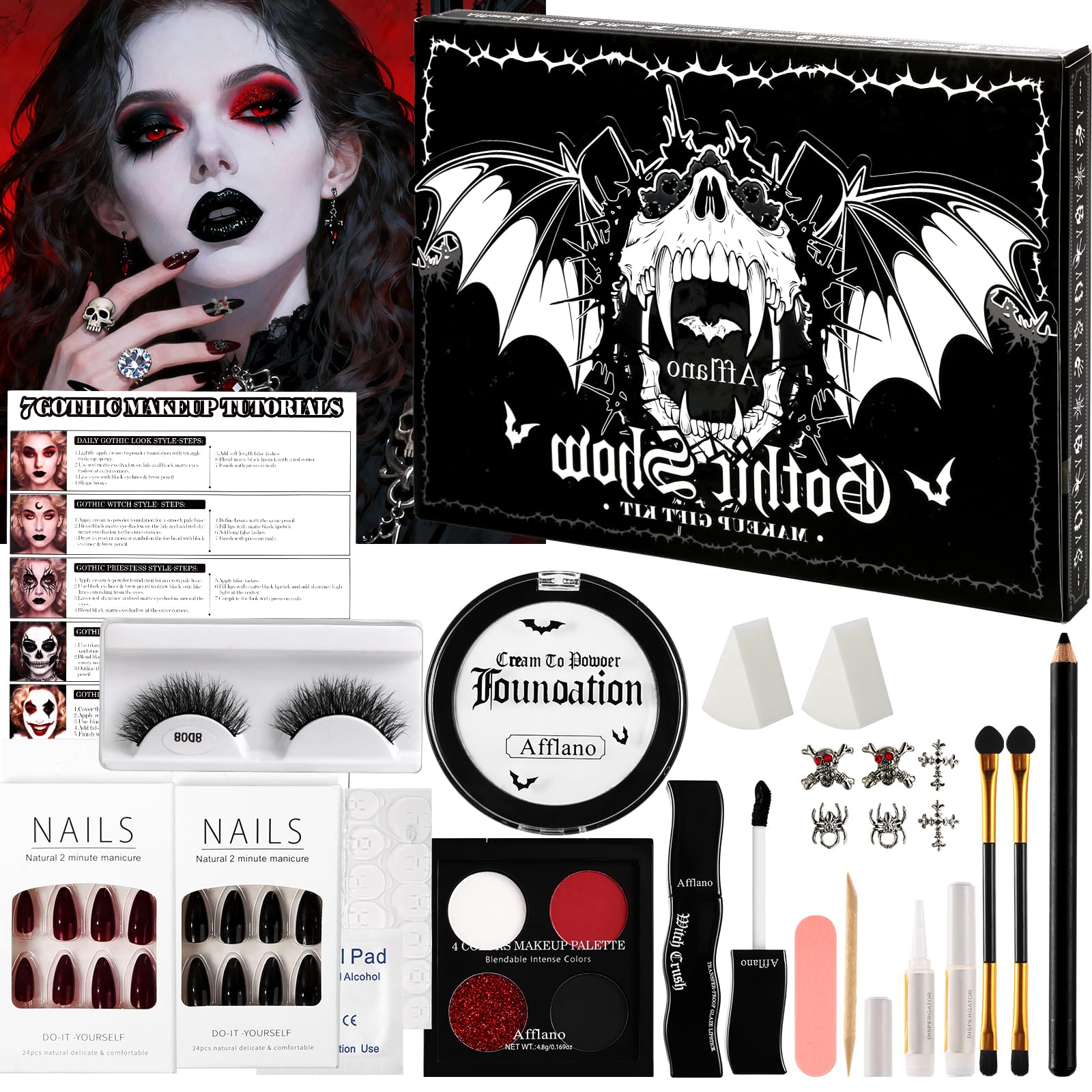 Afflano Goth Makeup Kit – 26-Piece Halloween SFX Set for Creative Gothic Looks