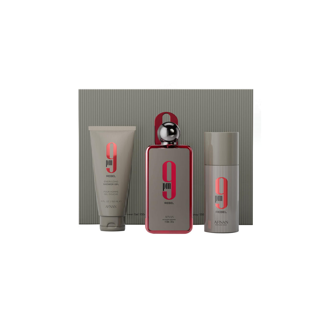 Afnan 9 PM Rebel Unisex Luxury Gift Set – EDP 3.4 oz, Deodorant 5 oz, Shower Gel 5 oz