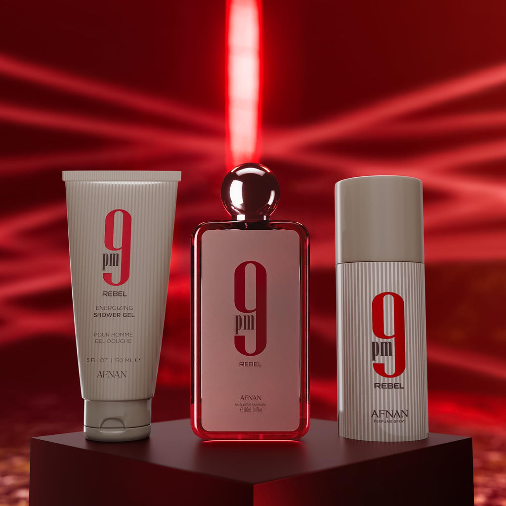 Afnan 9 PM Rebel Unisex Luxury Gift Set – EDP 3.4 oz, Deodorant 5 oz, Shower Gel 5 oz