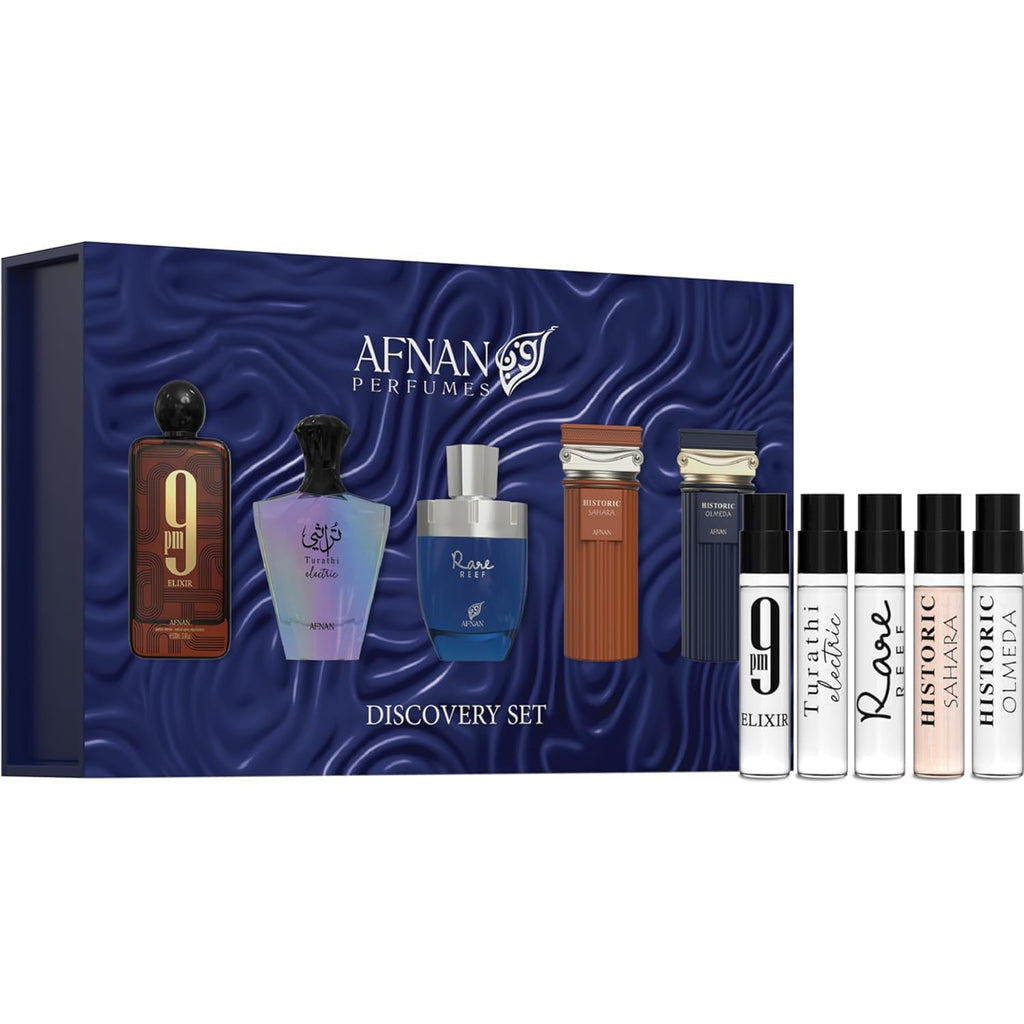 Afnan For Men Discovery Kit — 5 x 2ml Mini Fragrances (Turathi Electric, 9PM Elixir, Historic Sahara, Historic Olmeda, Rare Reef)