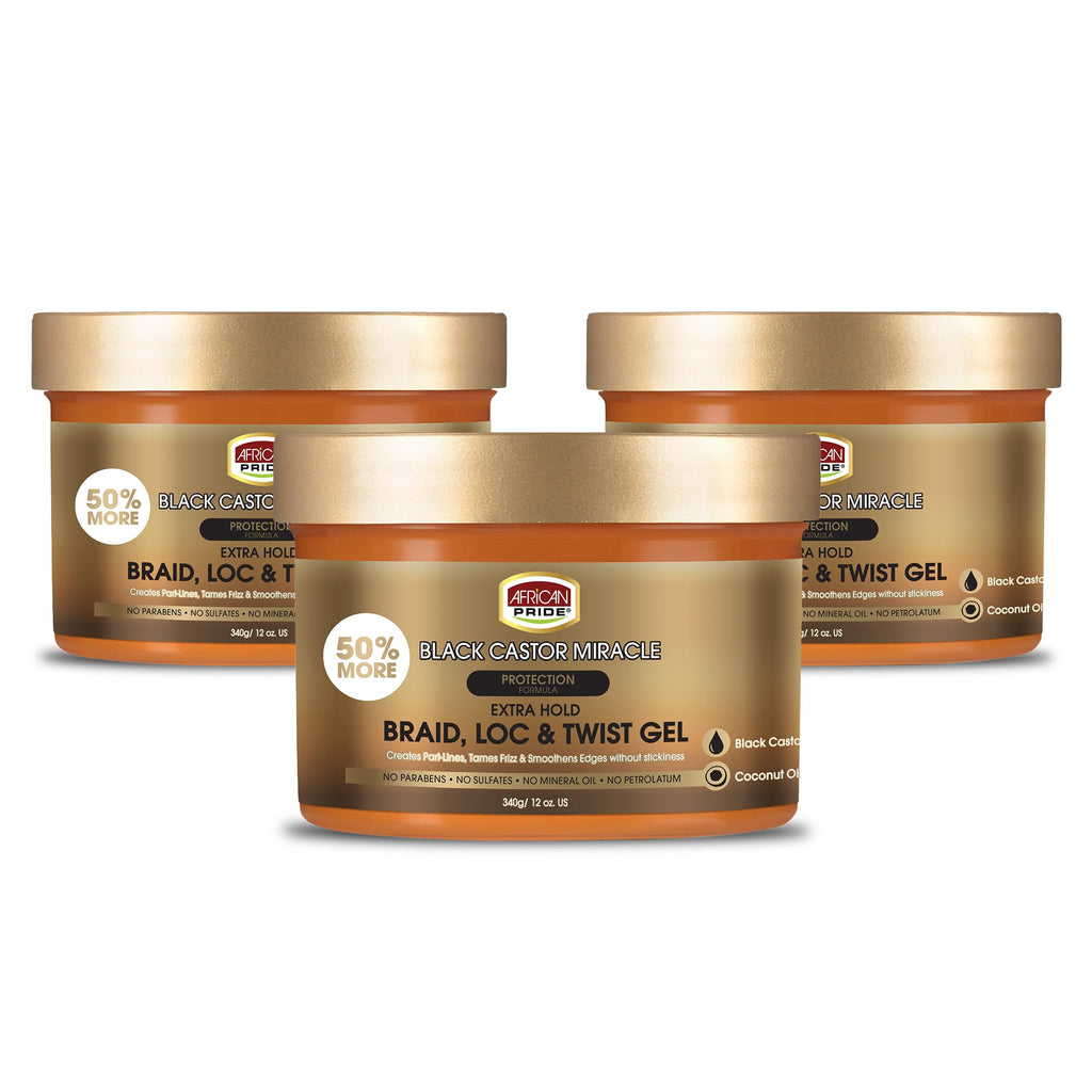 African Pride Black Castor Miracle Extra Hold Braid, Loc & Twist Gel (3 Pack) – 12oz Each, No Flake