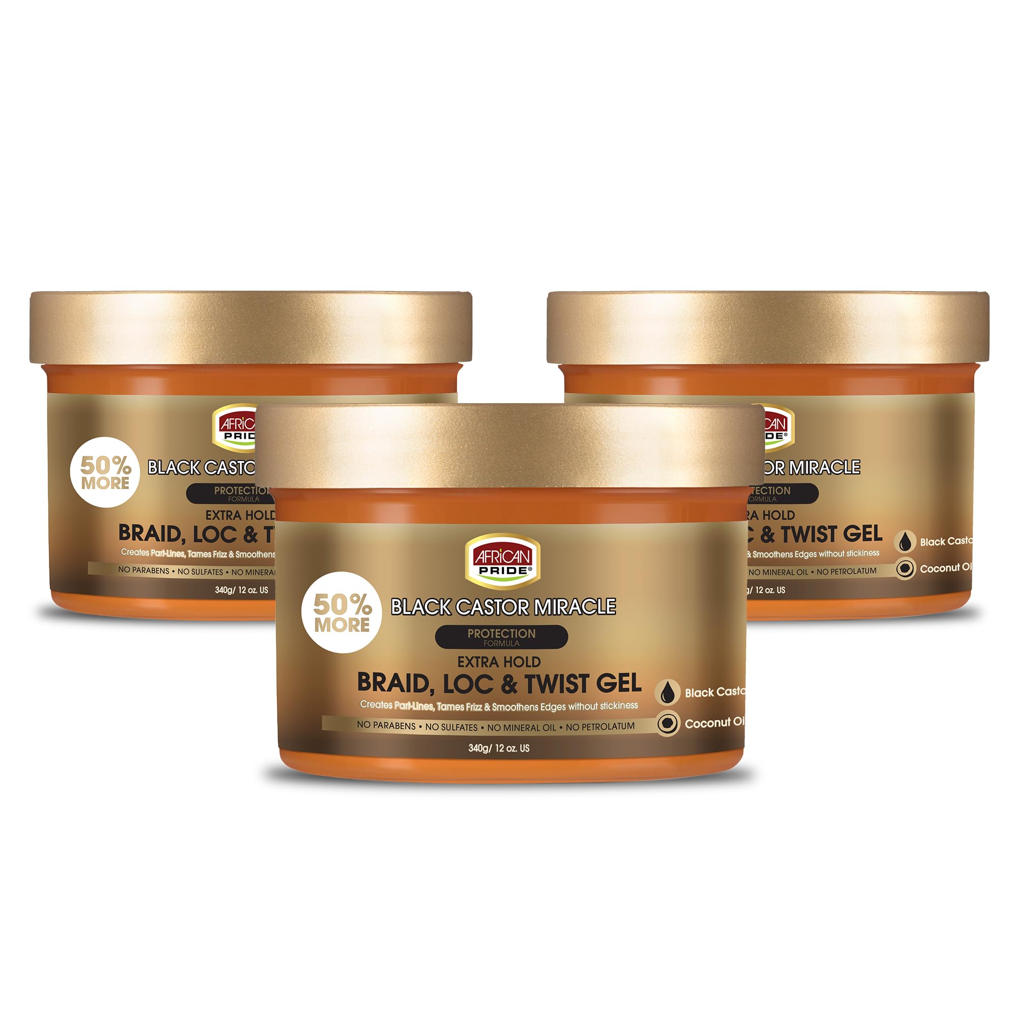 African Pride Black Castor Miracle Extra Hold Braid, Loc & Twist Gel (3 Pack) – 12oz Each, No Flake