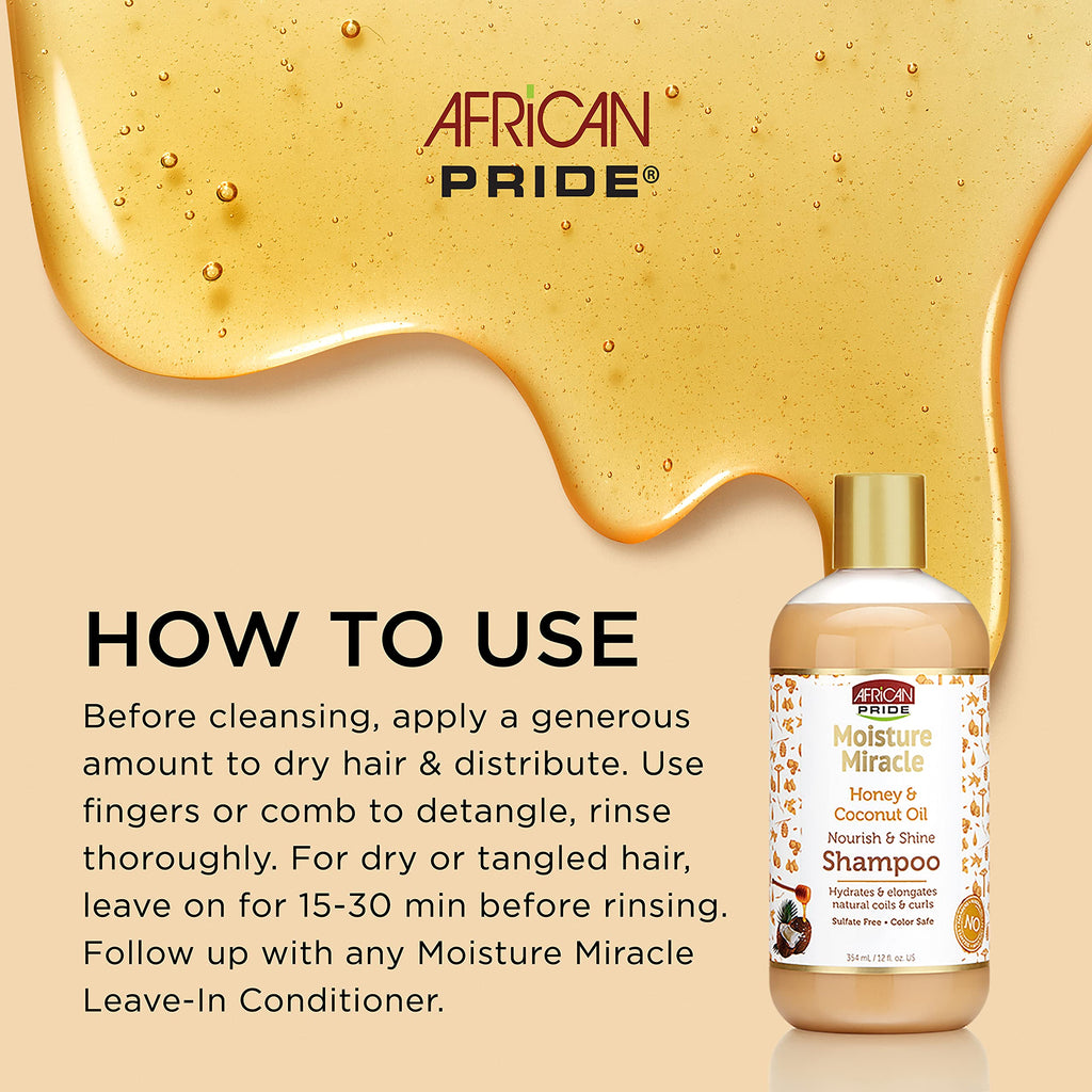 African Pride Moisture Miracle Honey & Coconut Oil Shampoo – For Natural Coils & Curls, Sulfate Free, Color Safe, 12 oz (3 Pack)