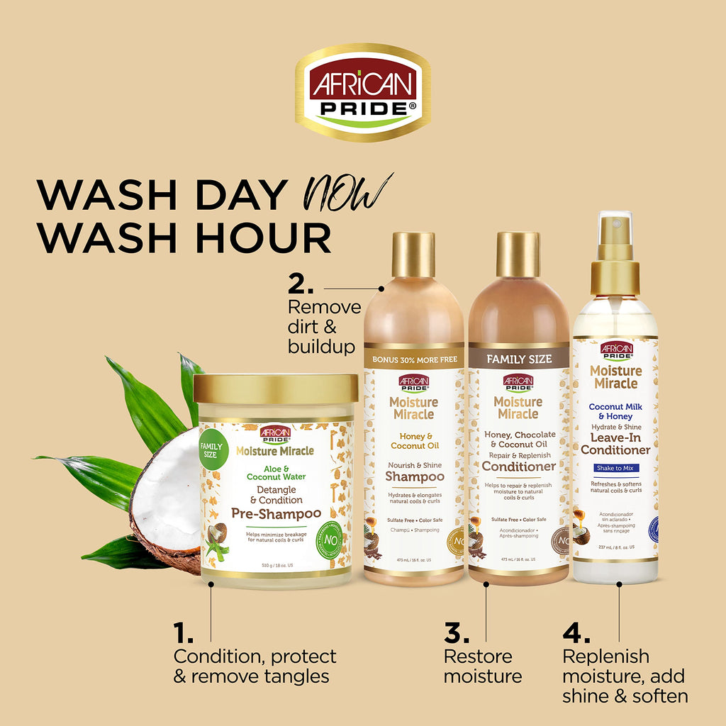 African Pride Moisture Miracle Honey & Coconut Oil Shampoo – For Natural Coils & Curls, Sulfate Free, Color Safe, 12 oz (3 Pack)