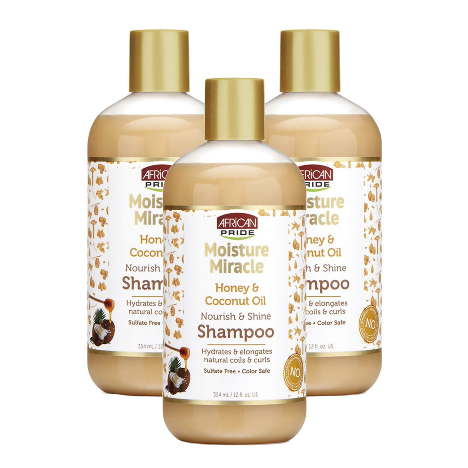 African Pride Moisture Miracle Honey & Coconut Oil Shampoo – For Natural Coils & Curls, Sulfate Free, Color Safe, 12 oz (3 Pack)