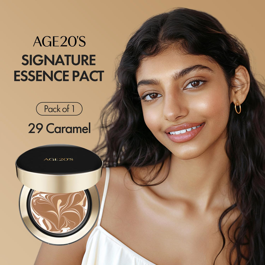 AGE 20's Signature Essence Pact SPF50+ Cream Foundation – 29 Caramel, Dewy Finish, Natural Coverage | Korean Cushion