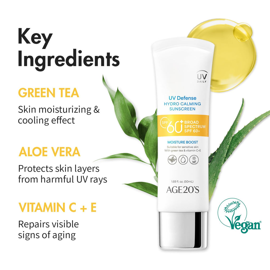 AGE 20's UV Defense Hydro Calming Sunscreen SPF 60+ — Creamy, Lightweight Korean Formula with Green Tea & Aloe | No White Cast | Dermatest Excellent | 1.69 fl oz x2