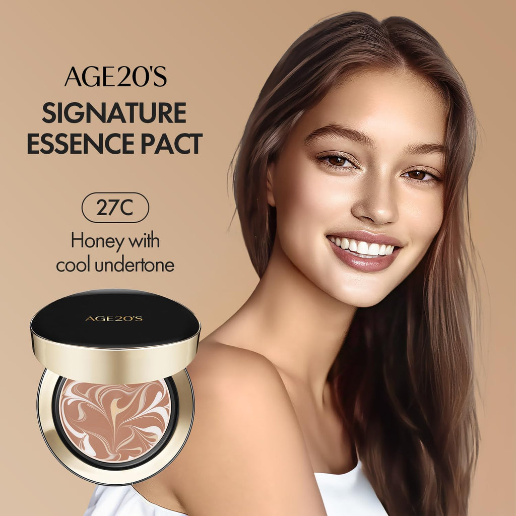 AGE 20's Signature Essence Pact SPF 50+ | 27C Honey | Dewy Cream Foundation, Natural Coverage