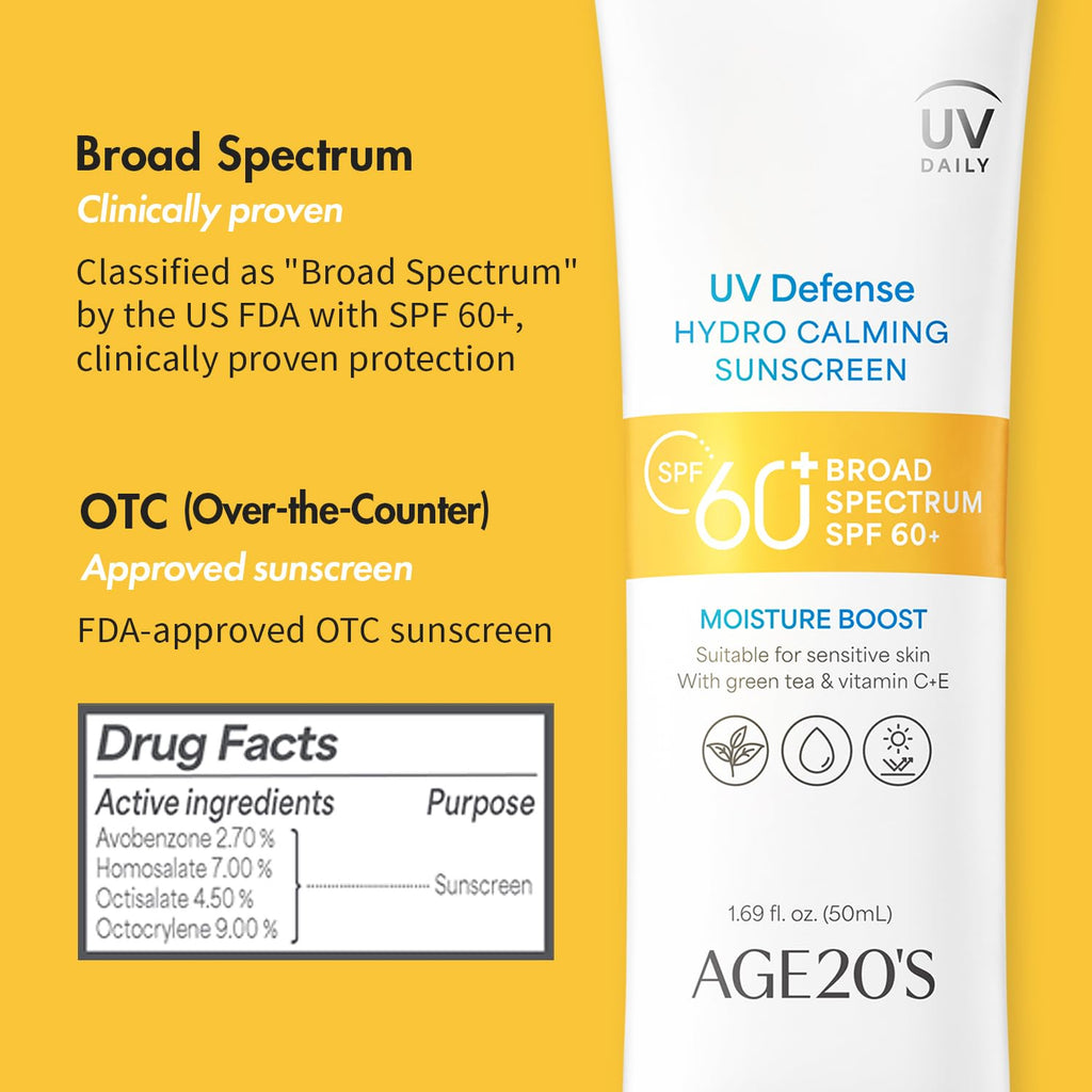 AGE 20's UV Defense Hydro Calming Sunscreen SPF 60+ — Creamy, Lightweight Korean Formula with Green Tea & Aloe | No White Cast | Dermatest Excellent | 1.69 fl oz x2