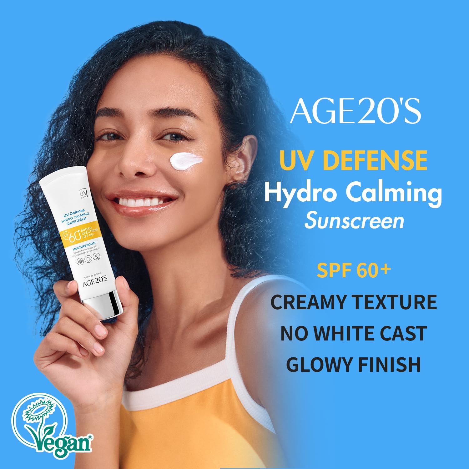 AGE 20's UV Defense Hydro Calming Sunscreen SPF 60+ — Creamy, Lightweight Korean Formula with Green Tea & Aloe | No White Cast | Dermatest Excellent | 1.69 fl oz x2