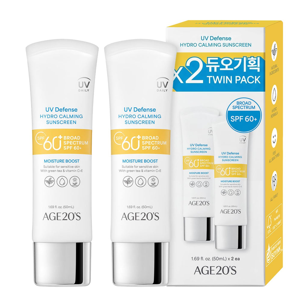 AGE 20's UV Defense Hydro Calming Sunscreen SPF 60+ — Creamy, Lightweight Korean Formula with Green Tea & Aloe | No White Cast | Dermatest Excellent | 1.69 fl oz x2