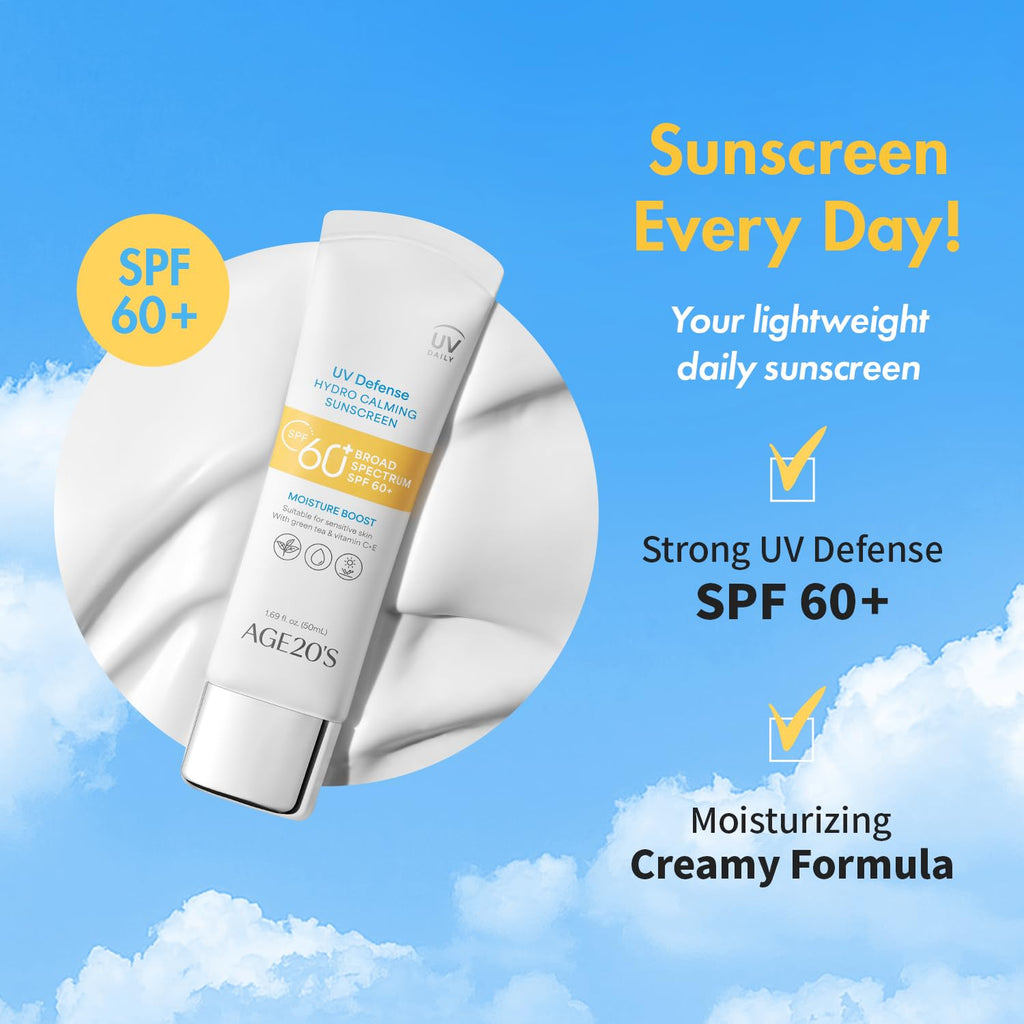 AGE 20's UV Defense Hydro Calming Sunscreen SPF 60+ — Creamy, Lightweight Korean Formula with Green Tea & Aloe | No White Cast | Dermatest Excellent | 1.69 fl oz x2