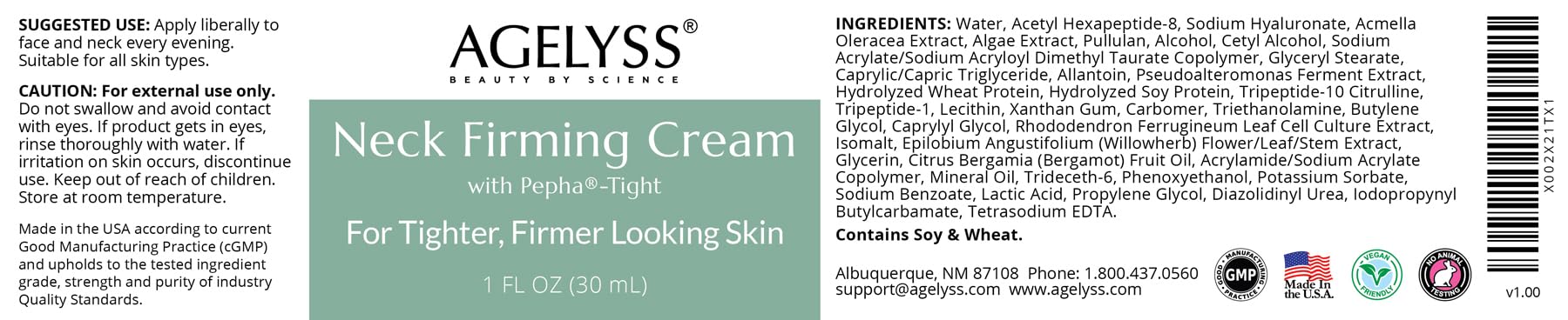 Agelyss Neck Firming Cream - Pepha-Tight & Gatuline Expression - Vegan & Cruelty-Free - 1 oz