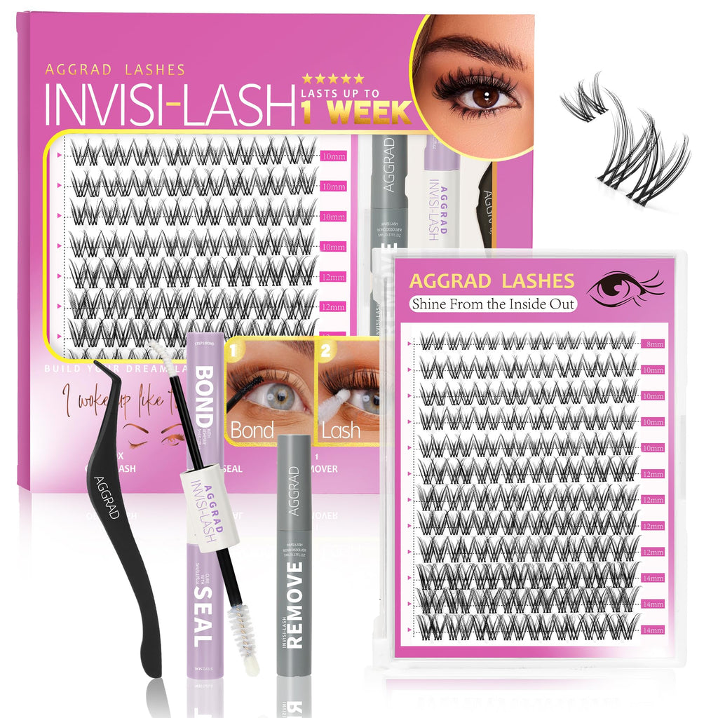 AGGRAD Venus Lash Clusters Kit 8-14mm D Curl – DIY Lash Extensions with Bond, Seal & Tweezers