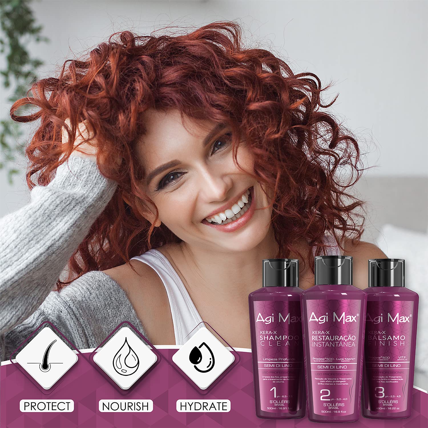 Agi Max Brazilian Keratin Hair Treatment Kit – 3 Steps, 1L, Frizz & Curl Control