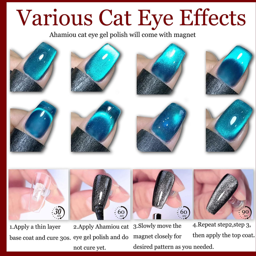 AHAMIOU Crystal Cat Eye Gel Polish Kit – Magnetic Nail Polish Set with Holographic Cats Eyes