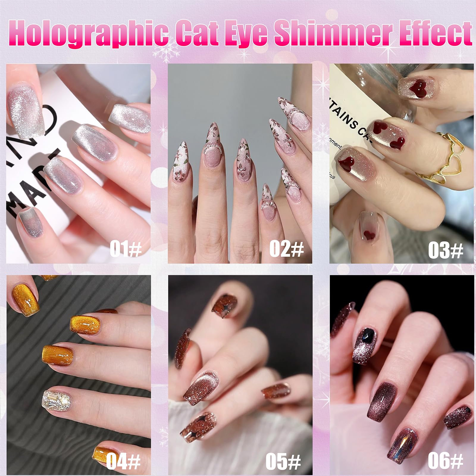 AHAMIOU Crystal Cat Eye Gel Polish Kit – Magnetic Nail Polish Set with Holographic Cats Eyes
