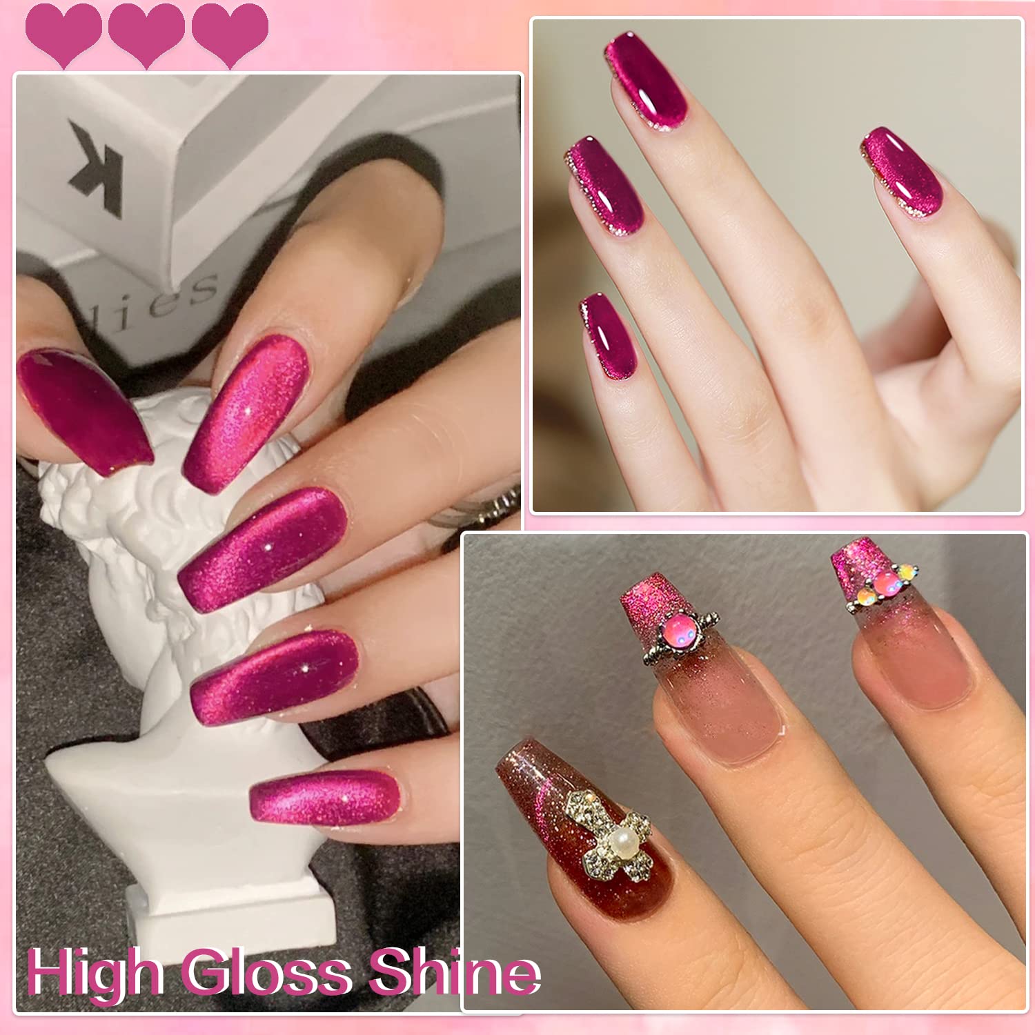 AHAMIOU Crystal Cat Eye Gel Polish Kit – Magnetic Nail Set in Dark Pink