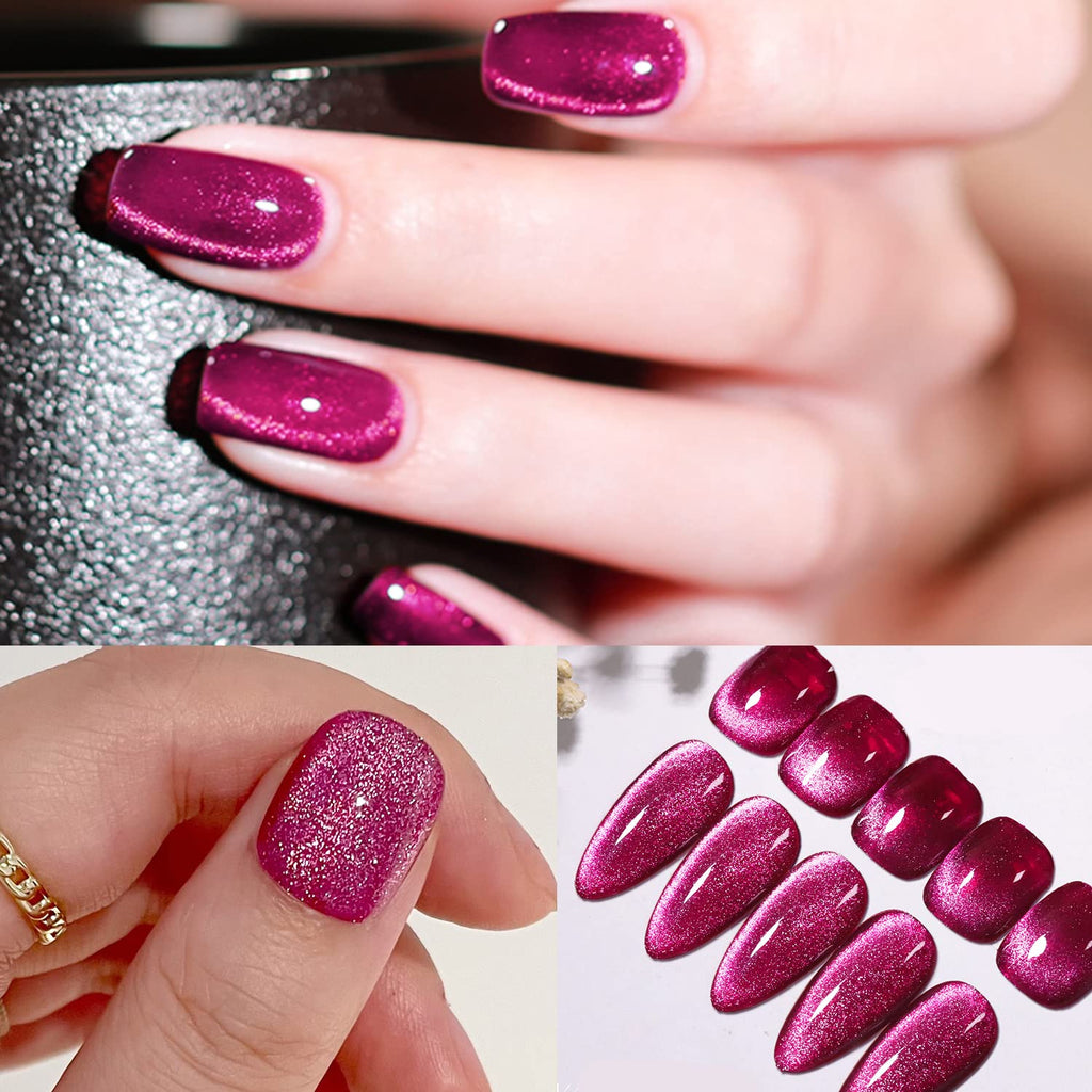 AHAMIOU Crystal Cat Eye Gel Polish Kit – Magnetic Nail Set in Dark Pink