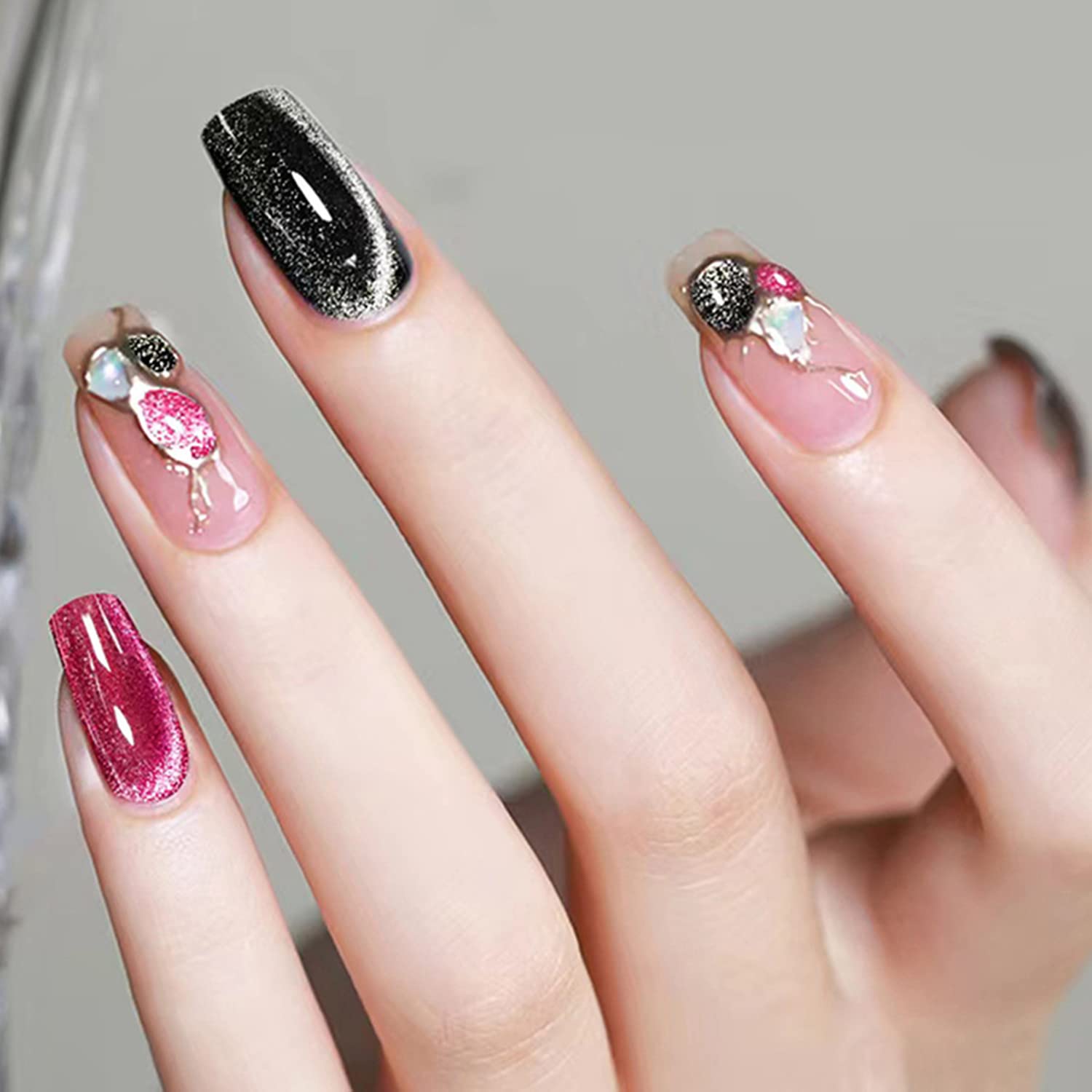 AHAMIOU Crystal Cat Eye Gel Polish Kit – Magnetic Nail Set in Dark Pink