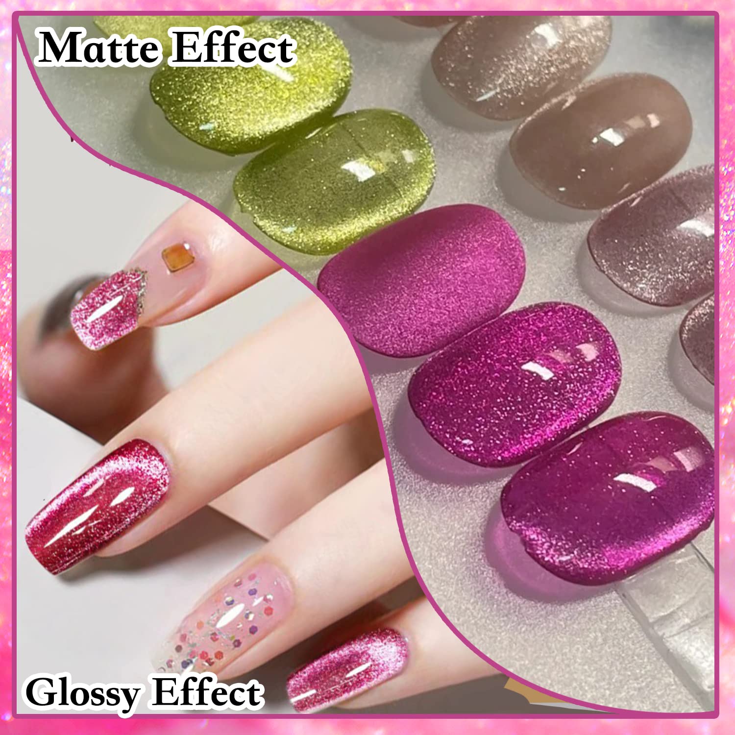 AHAMIOU Crystal Cat Eye Gel Polish Kit – Magnetic Nail Set in Dark Pink